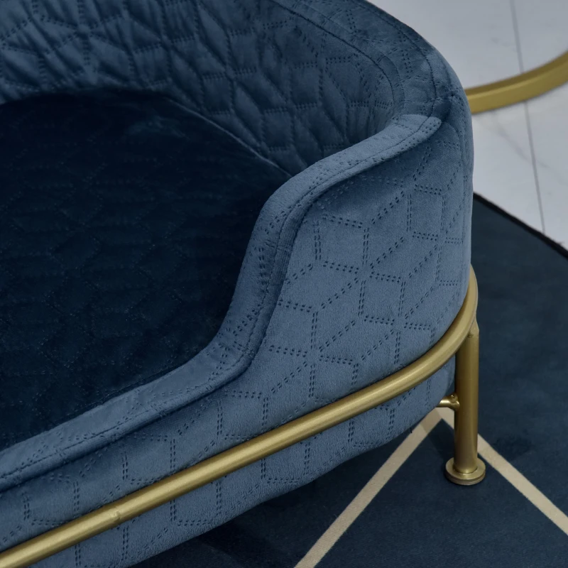 PawHut hondenbank met rugleuning huisdierenbank met metalen poten hondenbed zachte bekleding kattenbank blauw+goud 63,5 x 43 x 24,5 cm
