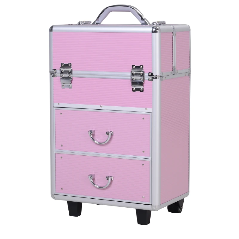 HOMCOM make-up koffer trolley professionele make-up koffer kapper make-up koffer multi koffer voor kapper met wielen 2 sleutels uittrekbare vakken lades roze aluminium 36 x 23 x 58 cm