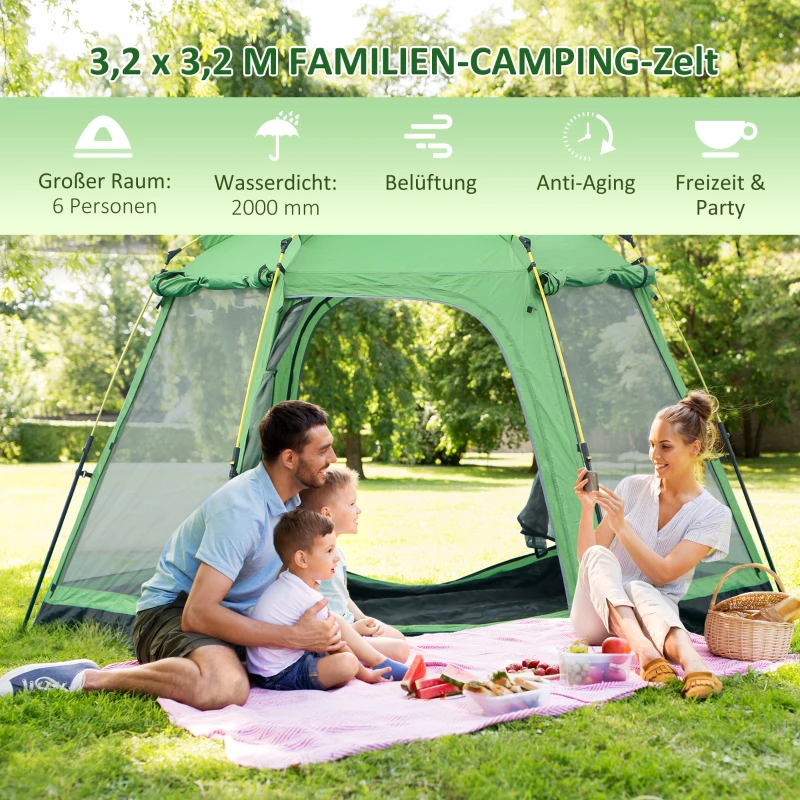 Outsunny Kampeertent 6 Persoons Tent Familietent Koepeltent PU2000mm Gemakkelijk op te zetten voor gezinnen Trekking Festival Staal Glasvezel Groen 320 x 320 x 180 cm