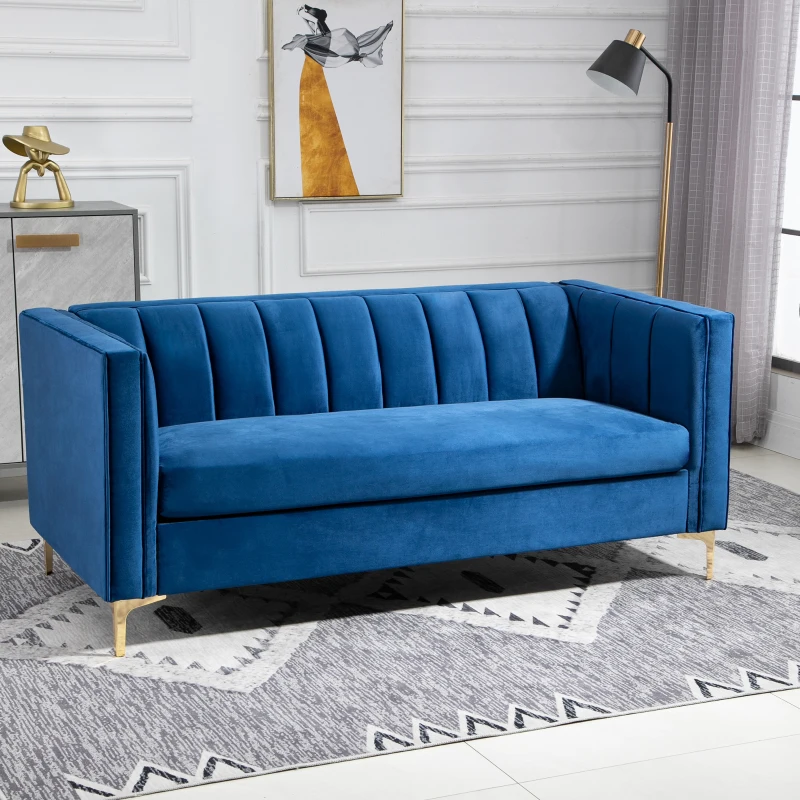 HOMCOM 3-zits bank gestoffeerde bank stoffen bank zitmeubels bank woonkamer bank met armleuningen gouden stalen poten velvet touch blauw 181 x 86 x 78 cm