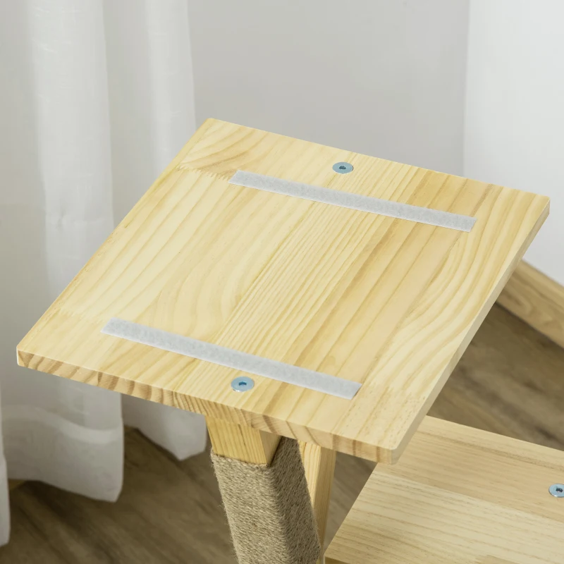 PawHut houten krabpaal voor binnen en buiten, krabpaal, klimboom met jute, kattenmeubel, krabplank met kussen, 3 platforms, stabiel kattenspeelgoed, naturel 48 x 48 x 78 cm