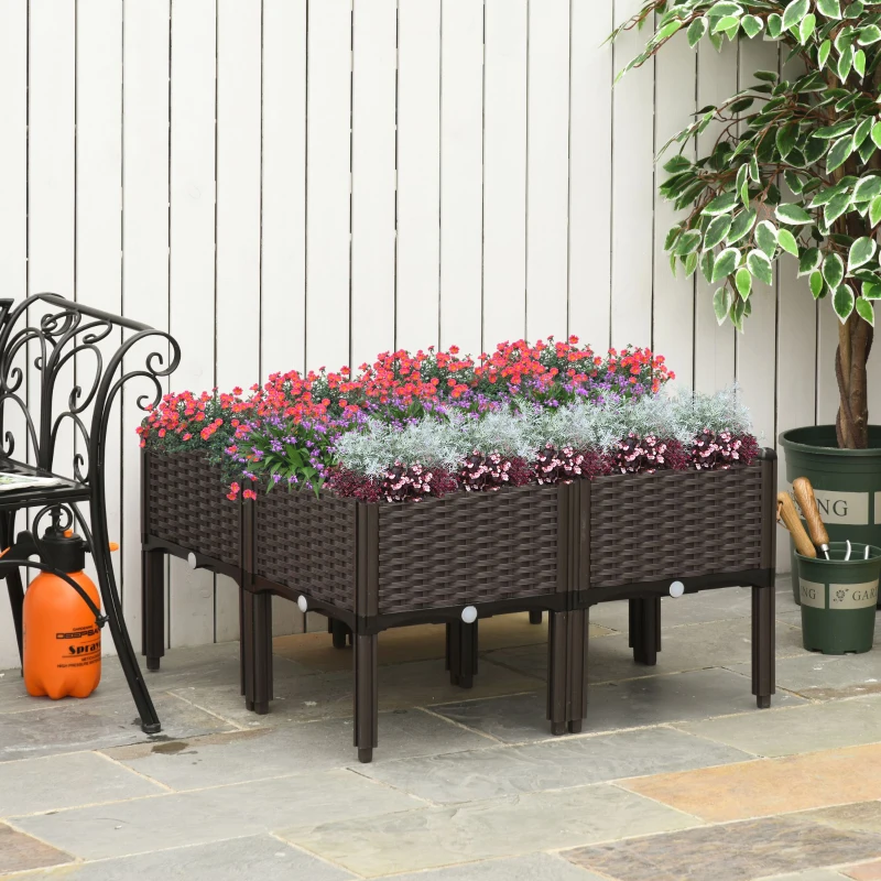 Outsunny verhoogd bed 4-delige plantenbak met drainagegaten rotan look bloembak DIY bruin 40 x 40 x 44 cm