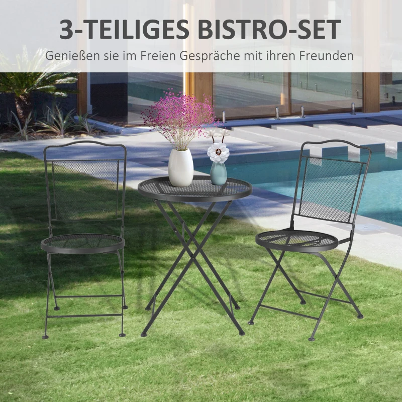 Outsunny zitgroep, 3-delige eetset, bistroset, tuinmeubelset, balkonmeubelset, 1 tafel + 2 stoelen met parasolgat, terras, metaal, zwart