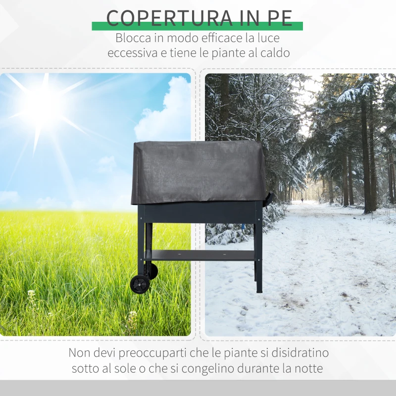 Outsunny Fioriera da Giardino Portafiori con Lampada LED per piante e Copertura in PE, Ruote e Maniglia, in Acciaio, 90x51x100 cm