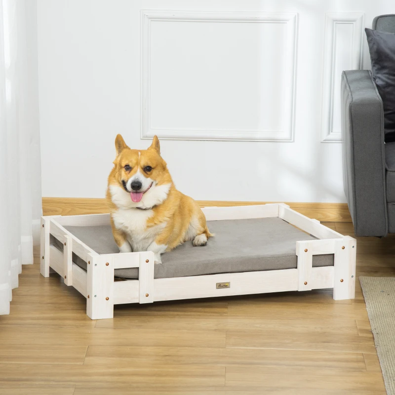 PawHut verhoogd hondenbed met kussen en houten frame Hondenbank Hondenbed Kattenbank Hondenbank Hondenslaapplaats voor kleine en middelgrote honden Wasbare hoes Wit+grijs 90 x 60 x 20 cm