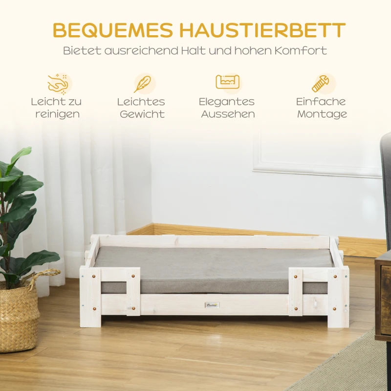 PawHut verhoogd hondenbed met kussen en houten frame Hondenbank Hondenbed Kattenbank Hondenbank Hondenslaapplaats voor kleine en middelgrote honden Wasbare hoes Wit+grijs 90 x 60 x 20 cm