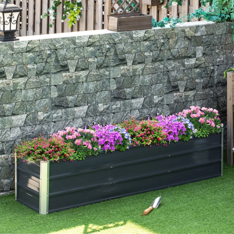 Outsunny verhoogd bed van staal tuinbed plantenbak bloembak bloempot met handschoenen donkergrijs 183 x 47 x 40 cm