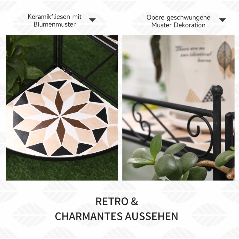 Outsunny Bloemenstandaard 4-dekuge Bloementrap Opvouwbaar Decoratief Binnen Buiten Tuin Balkon Metaal Keramische Tegels Zwart+Beige 64 x 64 x 72 cm