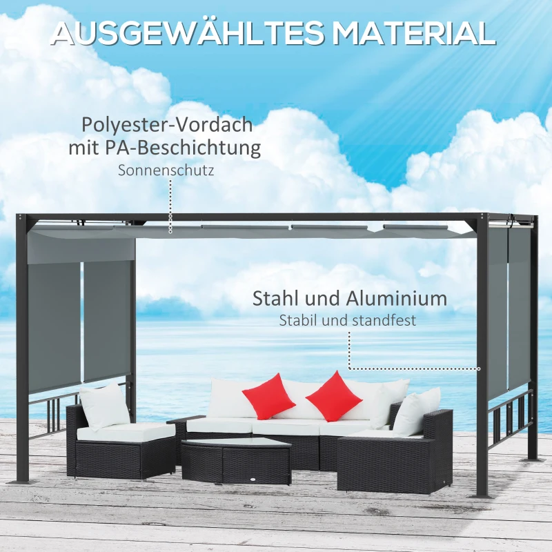 Outsunny Pergola Tuingazebo 3,9 x 2,9 m met zonneluifel en 4 automatische rolluiken Waterdicht voor tuinbekleding Tuinmeubelen Aluminium Polyester Donkergrijs