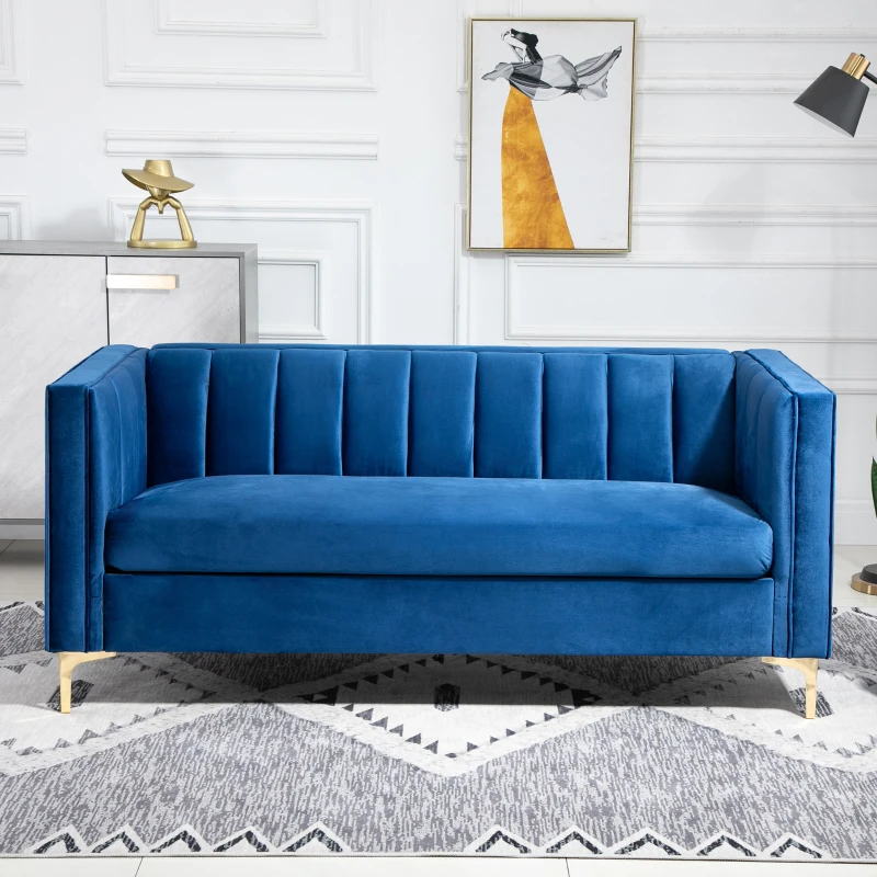 HOMCOM 3-zits bank gestoffeerde bank stoffen bank zitmeubels bank woonkamer bank met armleuningen gouden stalen poten velvet touch blauw 181 x 86 x 78 cm