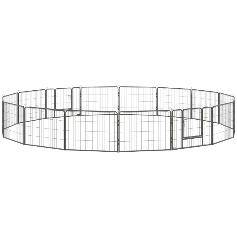 PawHut puppyren buiten 16 segmenten 60 cm hoog Pet Box Puppy Gate Hek Kinderbox Box Hond Behuizing Outdoor Grid Puppy Aanpasbaar met 2 Deuren Staal Grijs(m-11)