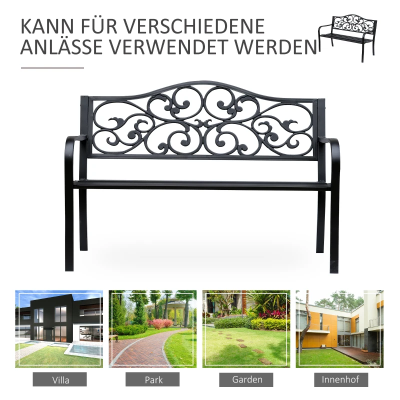 Outsunny Tuinbank 3-zits Stalen Bank Bank met Armleuningen Gietijzer Zwart 127 x 60 x 89 cm