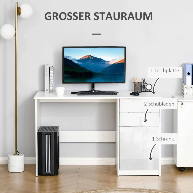 HOMCOM bureau computer tafel met 2 lades kast werktafel bureau tafel groot tafelblad hoogglans wit 120 x 60 x 76 cm
