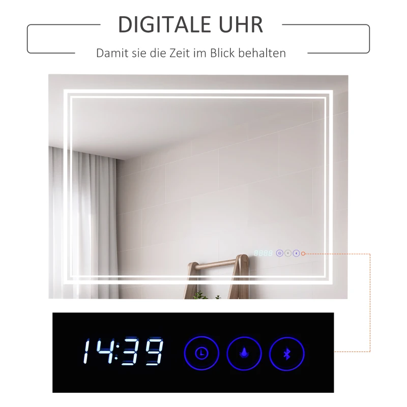 kleankin badkamerspiegel met led-verlichting Bluetooth en tijdweergave badkamerspiegel 6000-6500K wandspiegel touch schakelaar aluminium zilver 80 x 60 cm