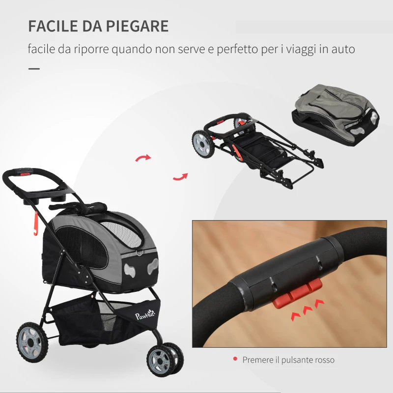 PawHut Passeggino per Cani Design 5 in 1 Piccoli Max. 8kg con Trasportino Staccabile, Passeggino per Gatti Pieghevole, Nero Grigio, 100x45x92cm