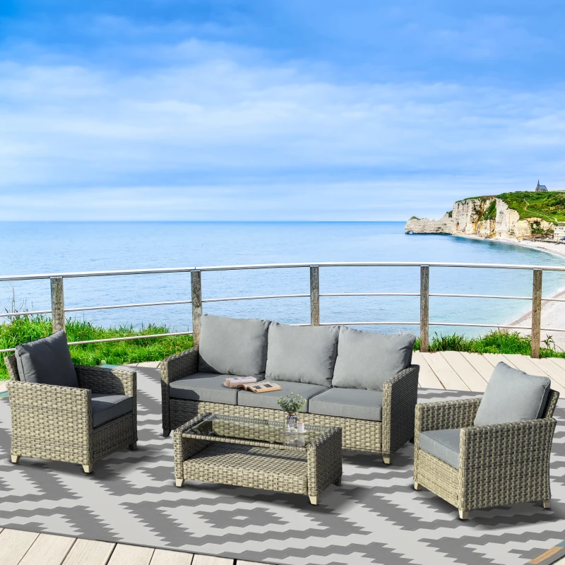 Outsunny 4-delige Luxe poly-rotan tuinmeubelset tuinset zitgroep lounge-set lounge-meubilair met bijzettafel zitkussen aluminium bruin, grijs