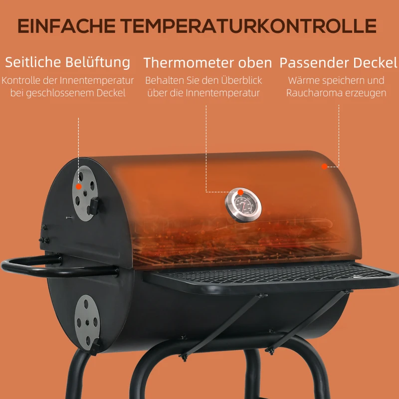 Outsunny Houtskoolgrill BBQ Tuingrill met Deksel en Planken Effectieve Hittebestendige Metalen Roker BBQ Warmhoudplaten Planken Tuinfeest Transportwielen Zwart 68 x 63 x 102 cm