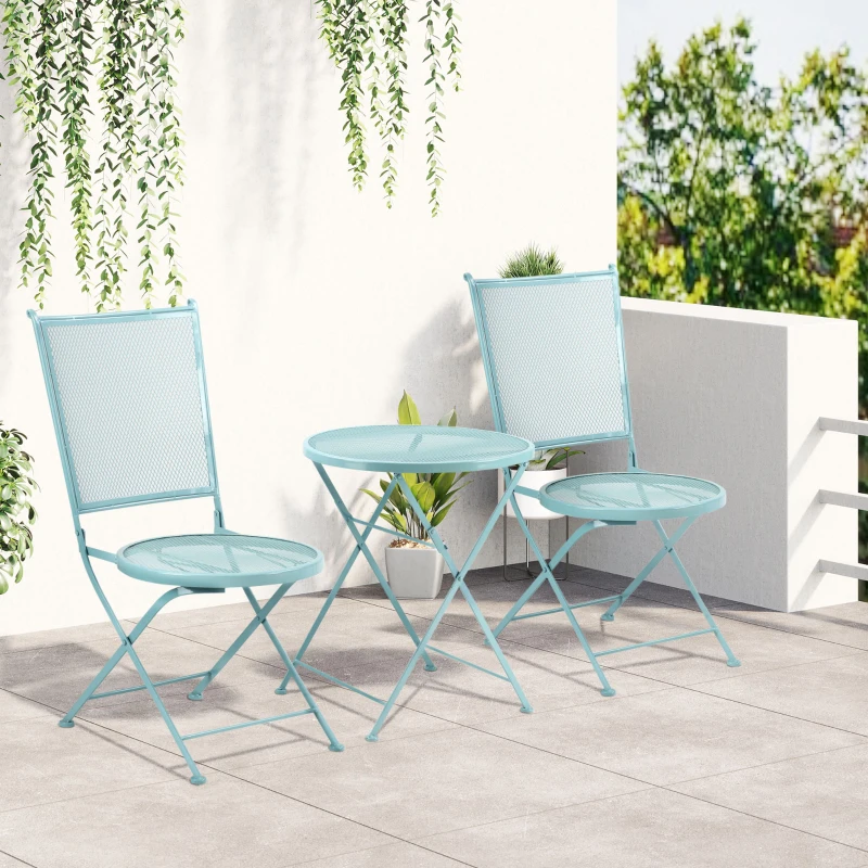 Outsunny tuinzitgroep 3-delige bistroset set 1 tafel + 2 klapstoelen voor terrasbalkon metaal blauw