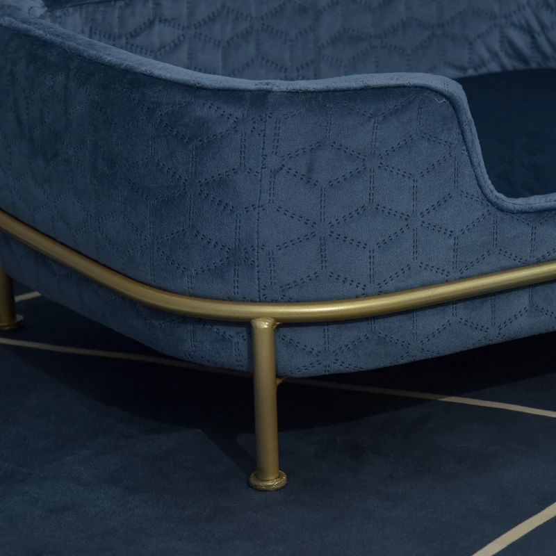 PawHut hondenbank met rugleuning huisdierenbank met metalen poten hondenbed zachte bekleding kattenbank blauw+goud 63,5 x 43 x 24,5 cm