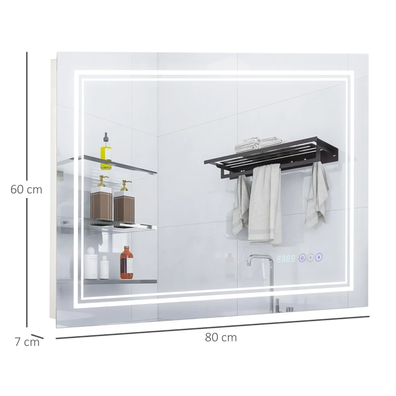 kleankin badkamerspiegel met led-verlichting Bluetooth en tijdweergave badkamerspiegel 6000-6500K wandspiegel touch schakelaar aluminium zilver 80 x 60 cm