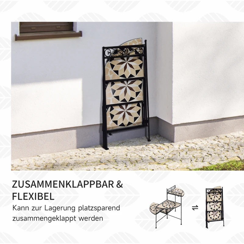 Outsunny Bloemenstandaard 4-dekuge Bloementrap Opvouwbaar Decoratief Binnen Buiten Tuin Balkon Metaal Keramische Tegels Zwart+Beige 64 x 64 x 72 cm