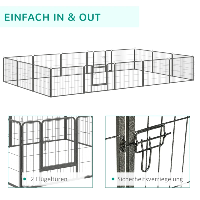 PawHut puppyren buiten 16 segmenten 60 cm hoog Pet Box Puppy Gate Hek Kinderbox Box Hond Behuizing Outdoor Grid Puppy Aanpasbaar met 2 Deuren Staal Grijs(m-5)