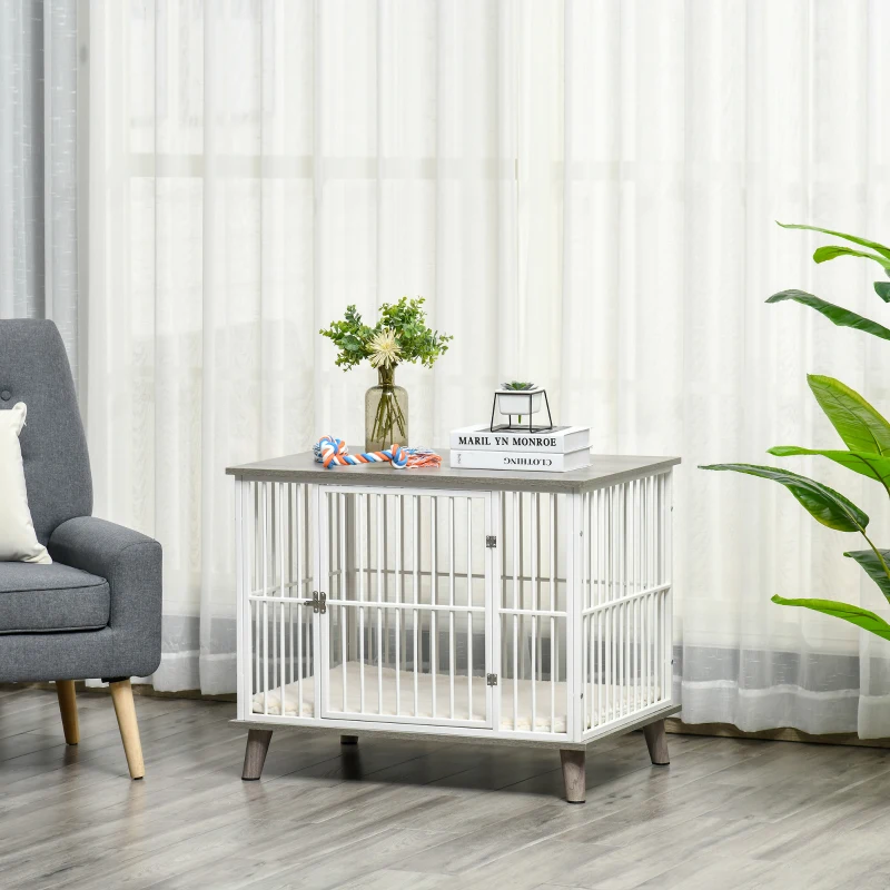 PawHut Houten Hondenkooi met Kussen Tafelblad Verhoogd Design Hondenbench voor Middelgrote Grote Honden Indoor Home Dierenkooi Huisdier Wit+Grijs 86 x 60 x 70 cm