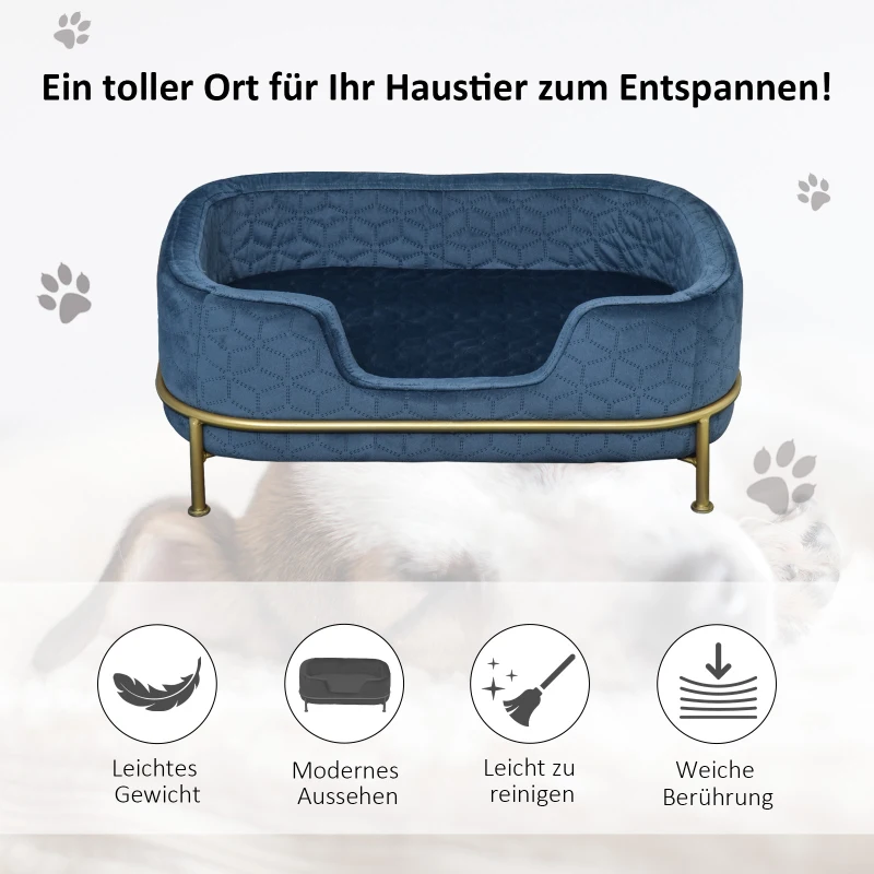 PawHut hondenbank met rugleuning huisdierenbank met metalen poten hondenbed zachte bekleding kattenbank blauw+goud 63,5 x 43 x 24,5 cm