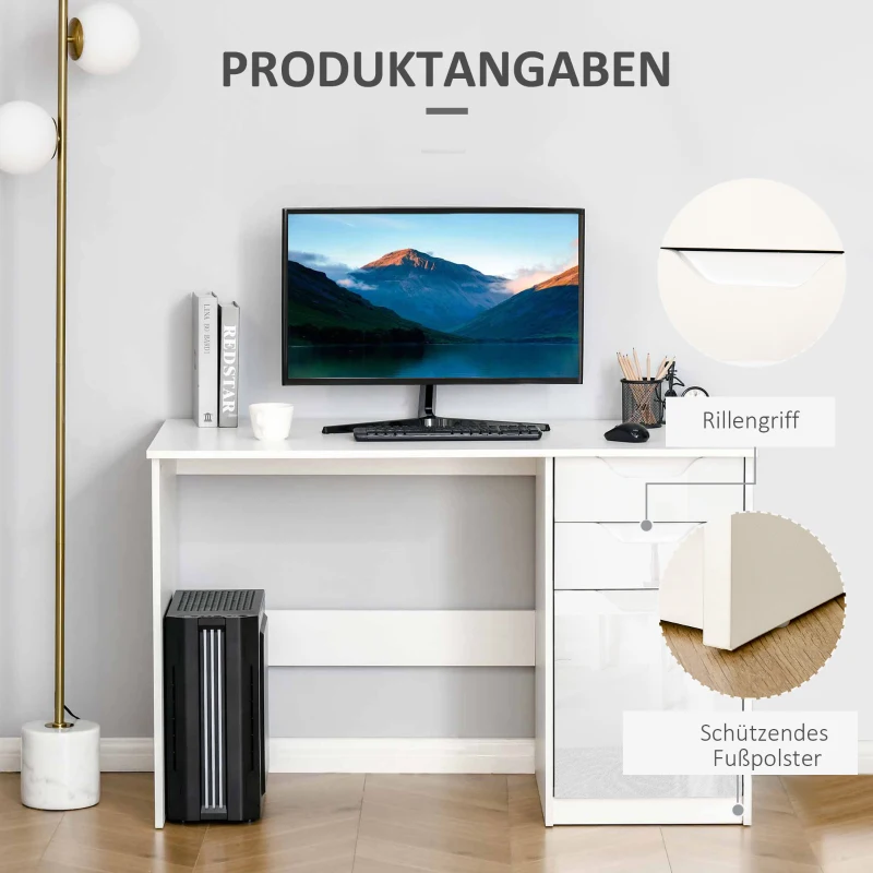 HOMCOM bureau computer tafel met 2 lades kast werktafel bureau tafel groot tafelblad hoogglans wit 120 x 60 x 76 cm