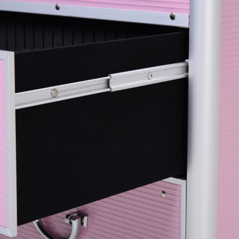 HOMCOM make-up koffer trolley professionele make-up koffer kapper make-up koffer multi koffer voor kapper met wielen 2 sleutels uittrekbare vakken lades roze aluminium 36 x 23 x 58 cm