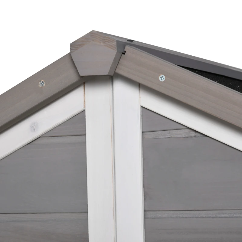 PawHut Massief Houten Hondenkennel Hondenkennels Geïsoleerd Hondenhok met Terras Asfaltdak Outdoor Weerbestendige Hut Grijs 127 x 112 x 109 cm