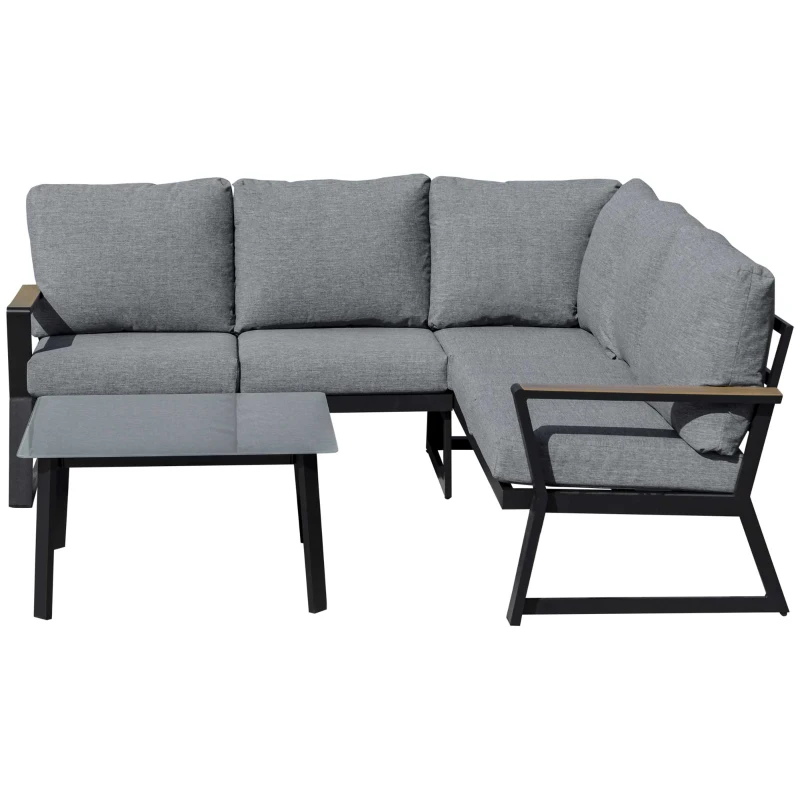 Outsunny 3-delige tuinmeubelset met bijzettafel, balkonmeubelset, bank met kussens, L-vorm, buiten, aluminium grijs