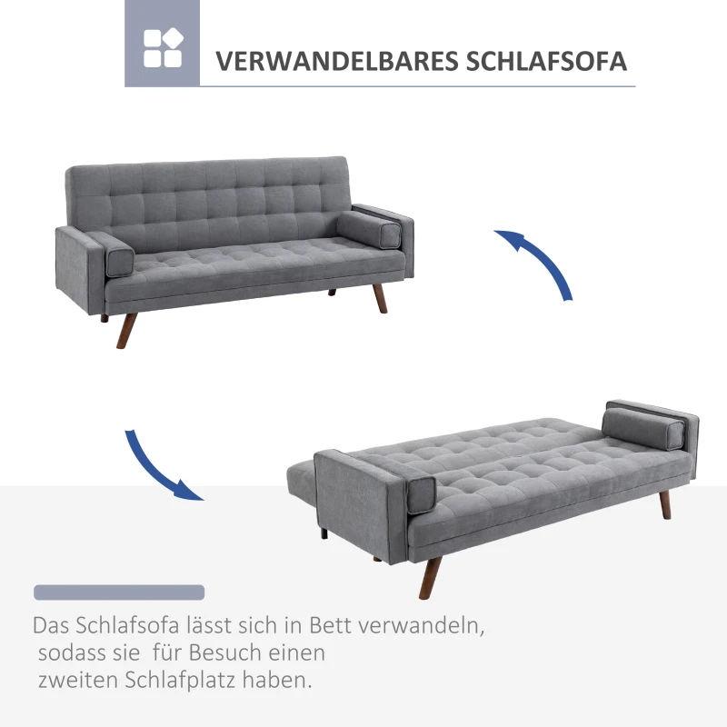 HOMCOM slaapbank opklapbare bank 3-zits stoffen slaapbank bank bank met slaapfunctie bankstel polyester hout grijs 208 x 81 x 92 cm