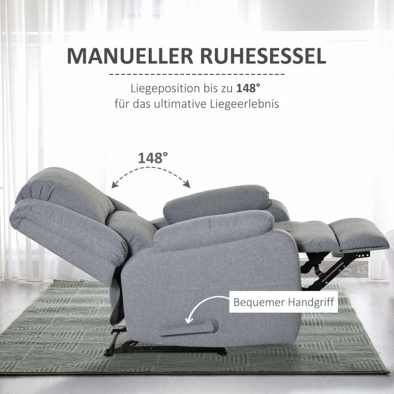 HOMCOM relaxfauteuil met ligfunctie TV fauteuil TV fauteuil fauteuil met zijvak Linnenachtig polyester Grijs 90 x 96 x 98 cm