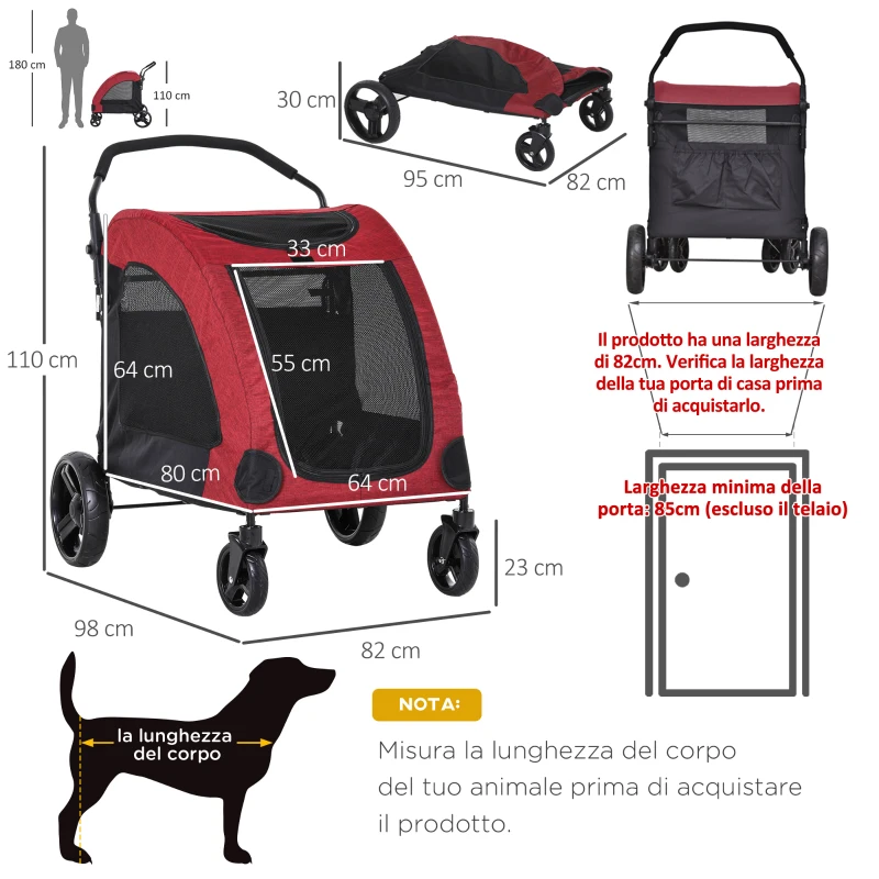 PawHut Passeggino per Cani di Taglia Medio-Grande Rosso