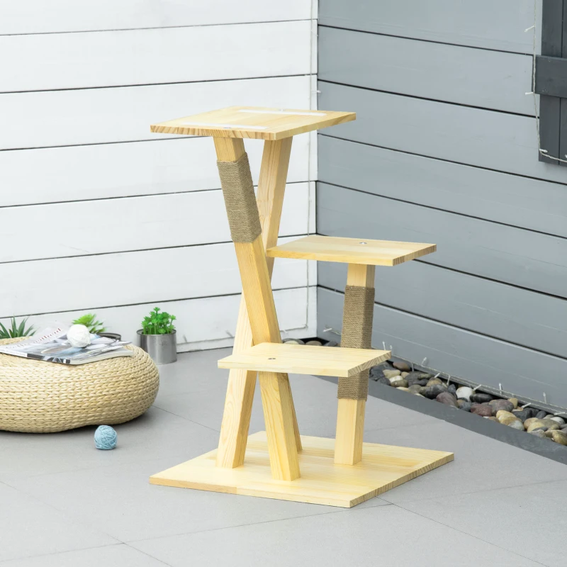 PawHut houten krabpaal voor binnen en buiten, krabpaal, klimboom met jute, kattenmeubel, krabplank met kussen, 3 platforms, stabiel kattenspeelgoed, naturel 48 x 48 x 78 cm