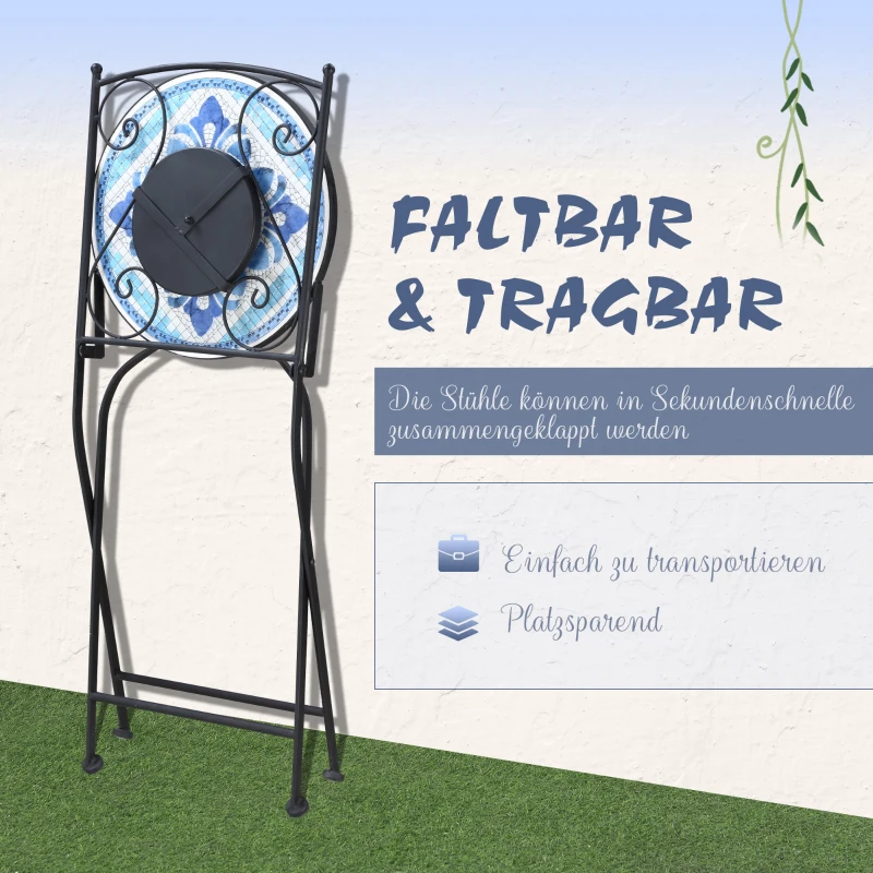 Outsunny Ø 61 cm tuinzitgroep 3-delige bistroset set 1 tafel + 2 klapstoelen voor terrasbalkon staalblauw