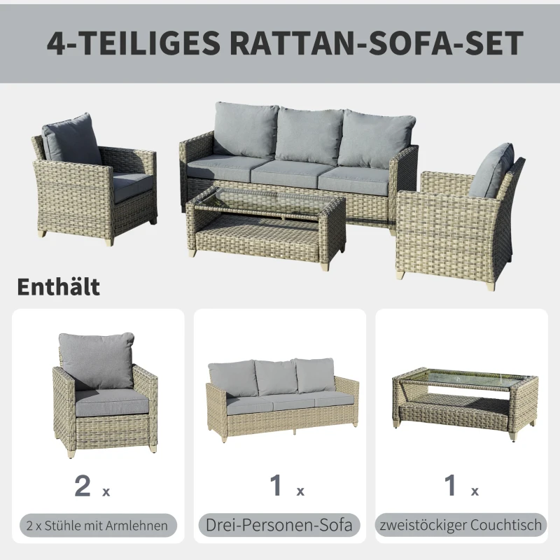 Outsunny 4-delige Luxe poly-rotan tuinmeubelset tuinset zitgroep lounge-set lounge-meubilair met bijzettafel zitkussen aluminium bruin, grijs