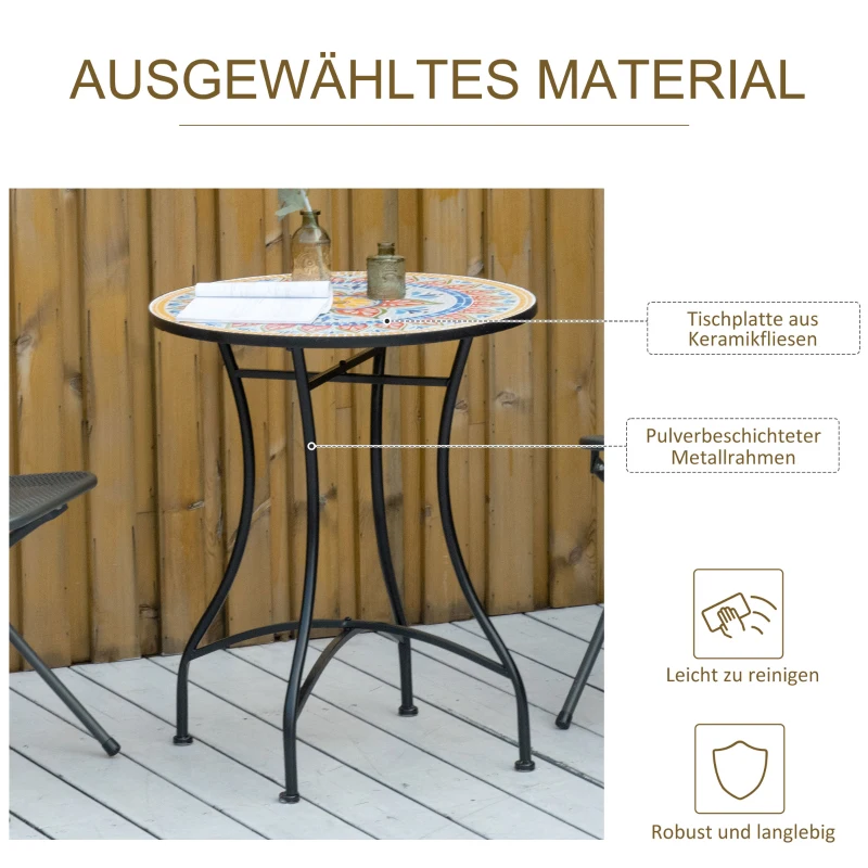Outsunny tuintafel mozaïek tafel ronde bistrotafel bijzettafel met mozaïek blad keramiek metaal rood + blauw + wit Ø60 cm