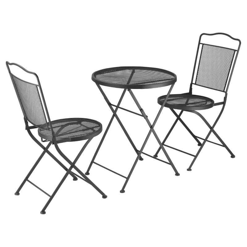 Outsunny zitgroep, 3-delige eetset, bistroset, tuinmeubelset, balkonmeubelset, 1 tafel + 2 stoelen met parasolgat, terras, metaal, zwart