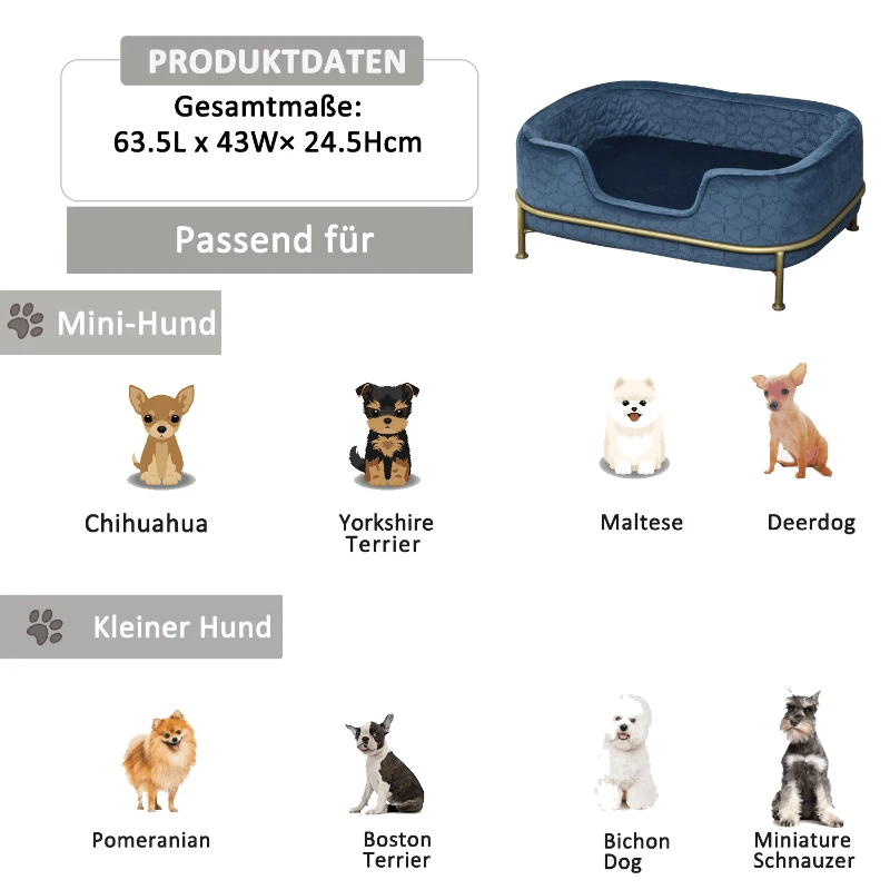 PawHut hondenbank met rugleuning huisdierenbank met metalen poten hondenbed zachte bekleding kattenbank blauw+goud 63,5 x 43 x 24,5 cm