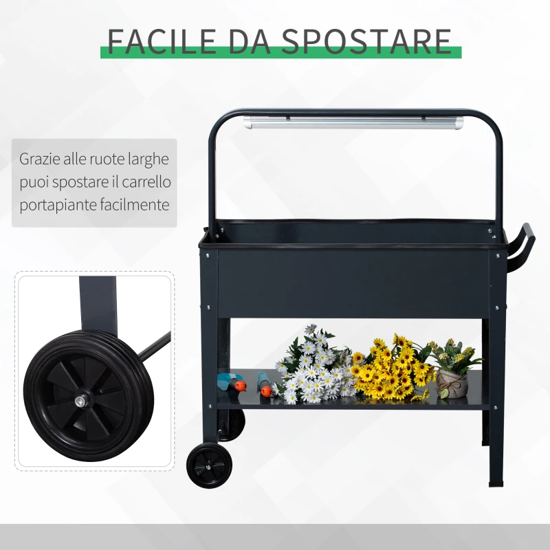 Outsunny Fioriera da Giardino Portafiori con Lampada LED per piante e Copertura in PE, Ruote e Maniglia, in Acciaio, 90x51x100 cm