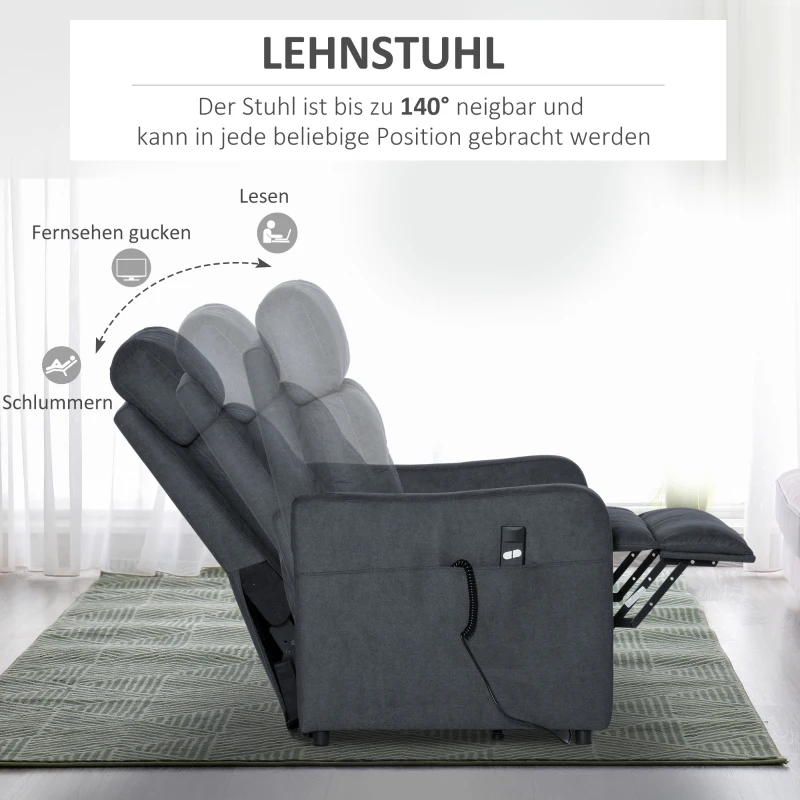 HOMCOM elektrische fauteuil TV fauteuil fauteuil met opstahulp Relax fauteuil met ligfunctie met afstandsbediening polyester stof grijs 71 x 94 x104 cm