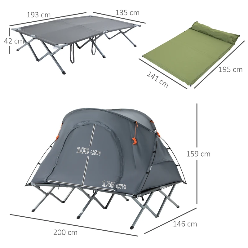 Outsunny campingbed met tent, verhoogd campingbed voor 2 persoon, koepeltent met luchtbed, inclusief draagtas, grijs 200 x 146 x 159 cm