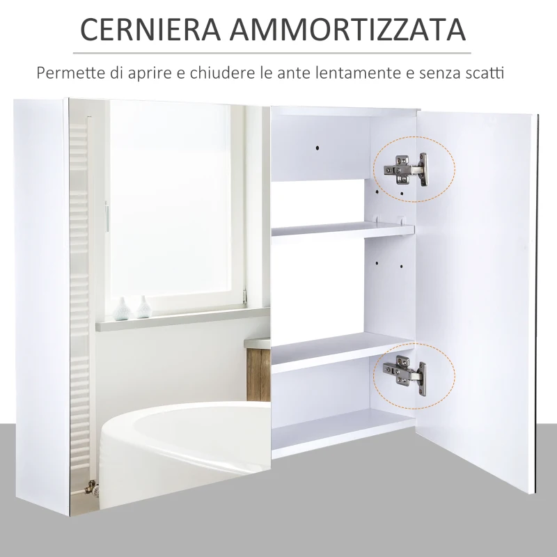 Homcom Armadietto Pensile da Bagno con Specchiera e 3 Ripiani in MDF Bianco 80 x 60 x 15cm