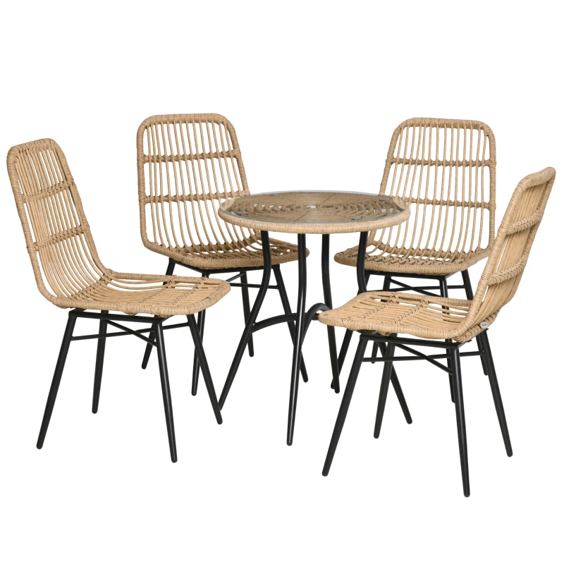 Outsunny 5-delige Polyrattan tuinmeubelset, eettafel met 4 stoelen, tuinmeubel met bijzettafel, tuinset, buiten, metaal, naturel