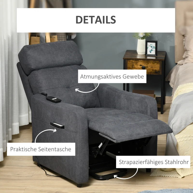 HOMCOM elektrische fauteuil TV fauteuil fauteuil met opstahulp Relax fauteuil met ligfunctie met afstandsbediening polyester stof grijs 71 x 94 x104 cm
