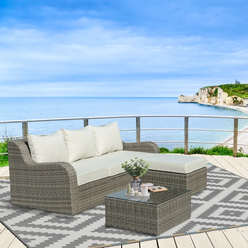 Outsunny 3-delige Polyrattan tuinmeubelset, tuinset, tuinset, loungeset, loungeset, loungemeubel met bijzettafel, aluminium kussens, lichtgrijs en beige