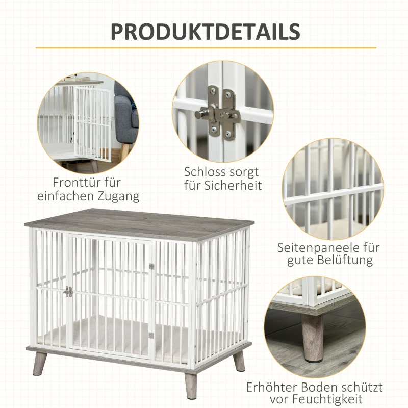 PawHut Houten Hondenkooi met Kussen Tafelblad Verhoogd Design Hondenbench voor Middelgrote Grote Honden Indoor Home Dierenkooi Huisdier Wit+Grijs 86 x 60 x 70 cm