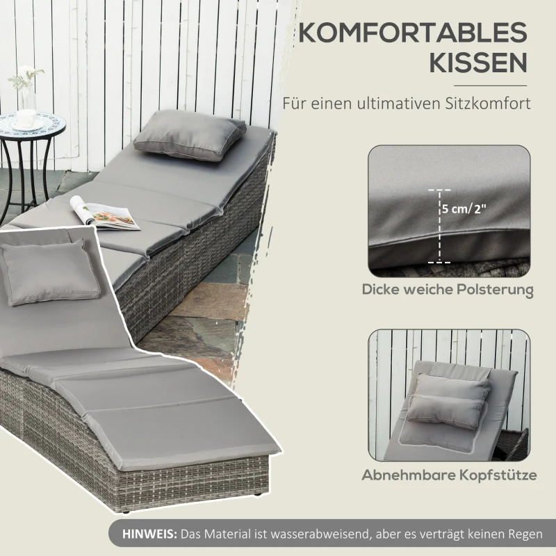 Outsunny ligbed 2-in-1 poly rotan ligbed rotan ligbed tuinmeubel ligbed met stoffering 5 niveaus verstelbaar opvouwbaar lichtgrijs 200 x 60 x 40 cm
